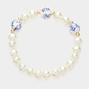 Blue Flower Ceramic Ball and Pearl Stretch Bracelet